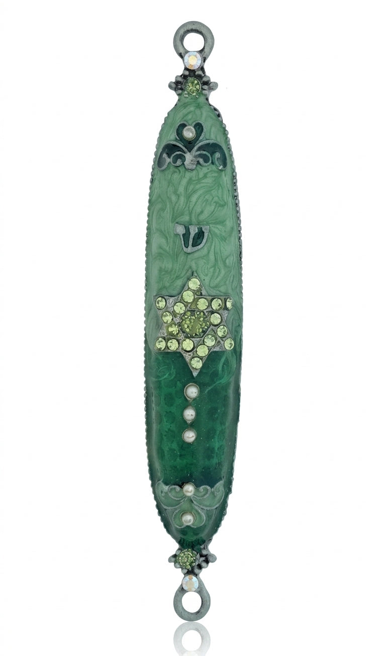 Turquoise Star of David Mezuzah made of pewter with enamel, measuring 4.5 inches tall, designed for home doorways, with detailed Hebrew symbols.