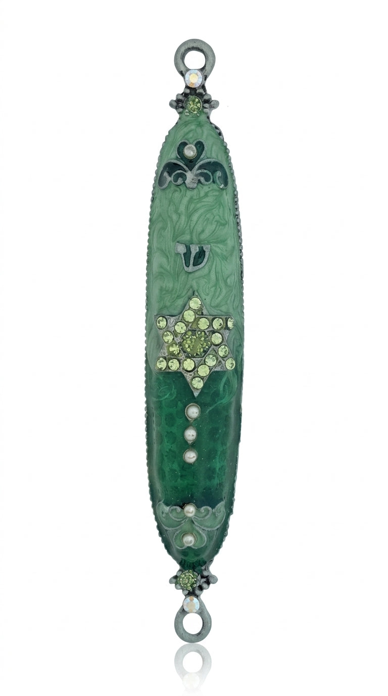 Turquoise Star of David Mezuzah made of pewter with enamel, measuring 4.5 inches tall, designed for home doorways, with detailed Hebrew symbols.