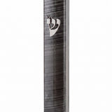 Exact tuxedo-style mezuzah in silver and black material on white background, showcasing its slim rectangular shape and mounting hardware.