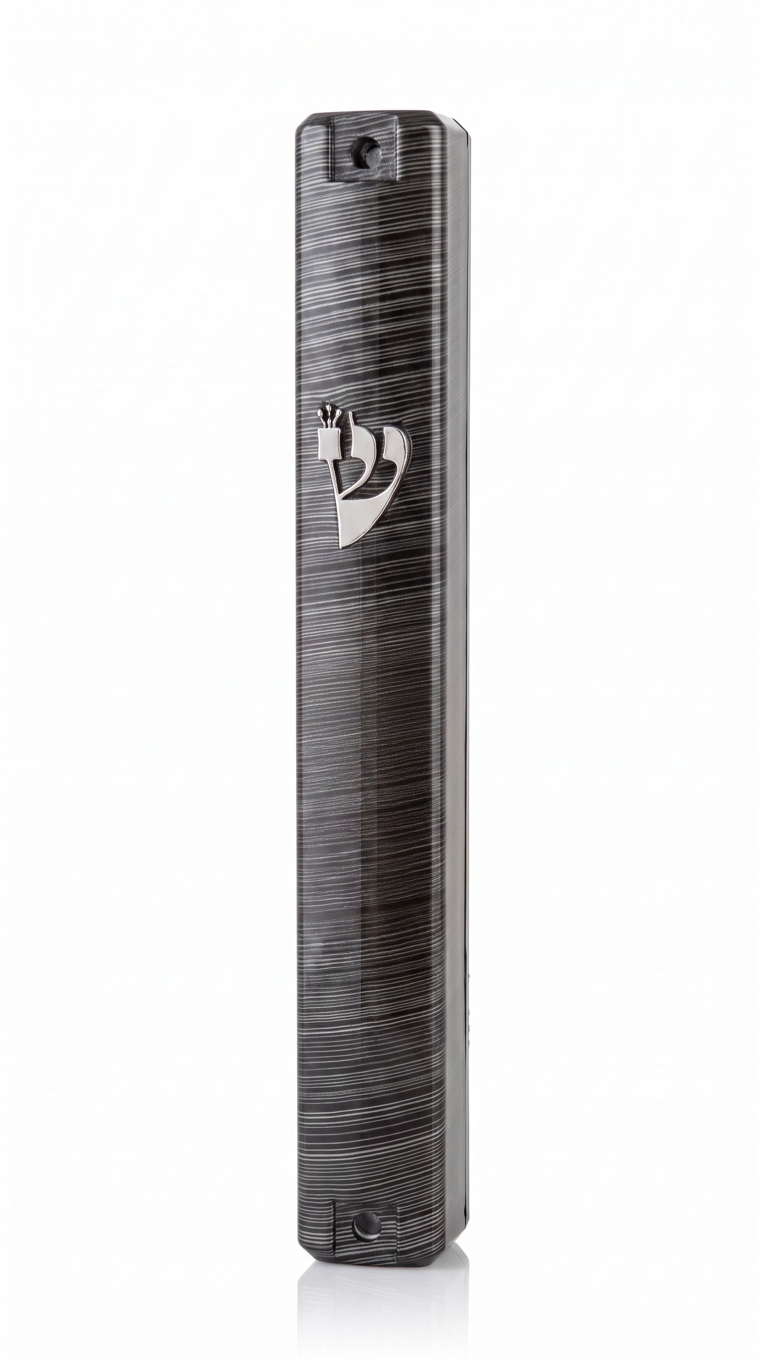 Exact tuxedo-style mezuzah in silver and black material on white background, showcasing its slim rectangular shape and mounting hardware.