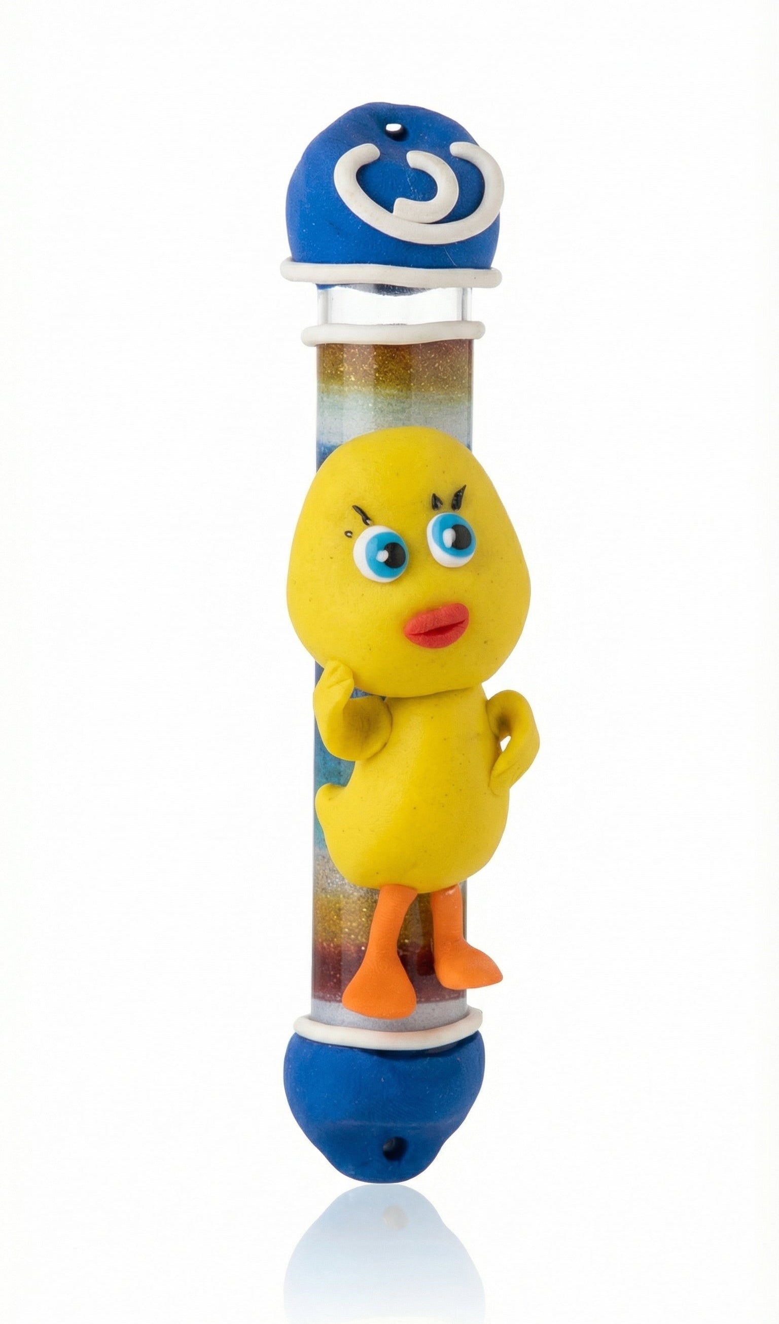 Handmade Tweetie Bird Mezuzah made of fimo, 4 inches tall, with detailed Hebrew inscriptions and decorative motifs, designed for home blessing.