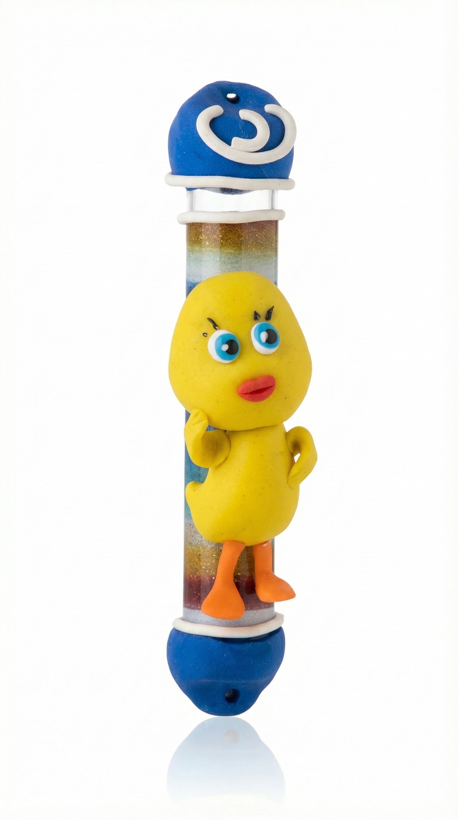 Handmade Tweetie Bird Mezuzah made of fimo, 4 inches tall, with detailed Hebrew inscriptions and decorative motifs, designed for home blessing.