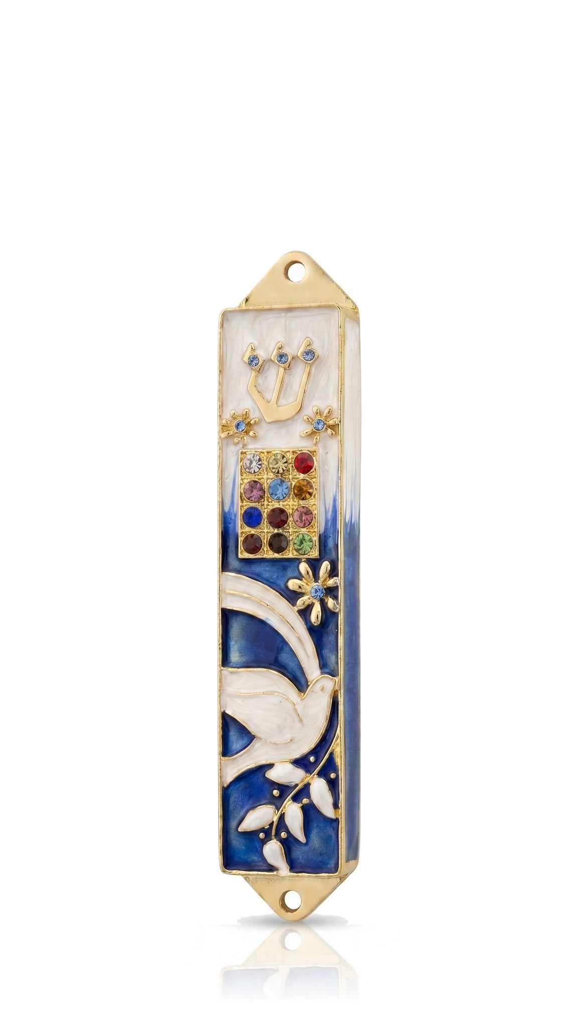 Twelve Jewels Dove Blue pewter mezuzah cover with deep blue enamel, a pearl-white dove and gold-colored floral trim, featuring a Hebrew Shin above a multicolored Choshen-style twelve-jewel panel for an expressive Jewish doorway design