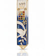 Twelve Jewels Dove Blue pewter mezuzah case with white dove, gold Shin, jeweled Choshen-style panel, flowers, and blue enamel