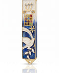 Twelve Jewels Dove Blue pewter mezuzah case with white dove, gold Shin, jeweled Choshen-style panel, flowers, and blue enamel