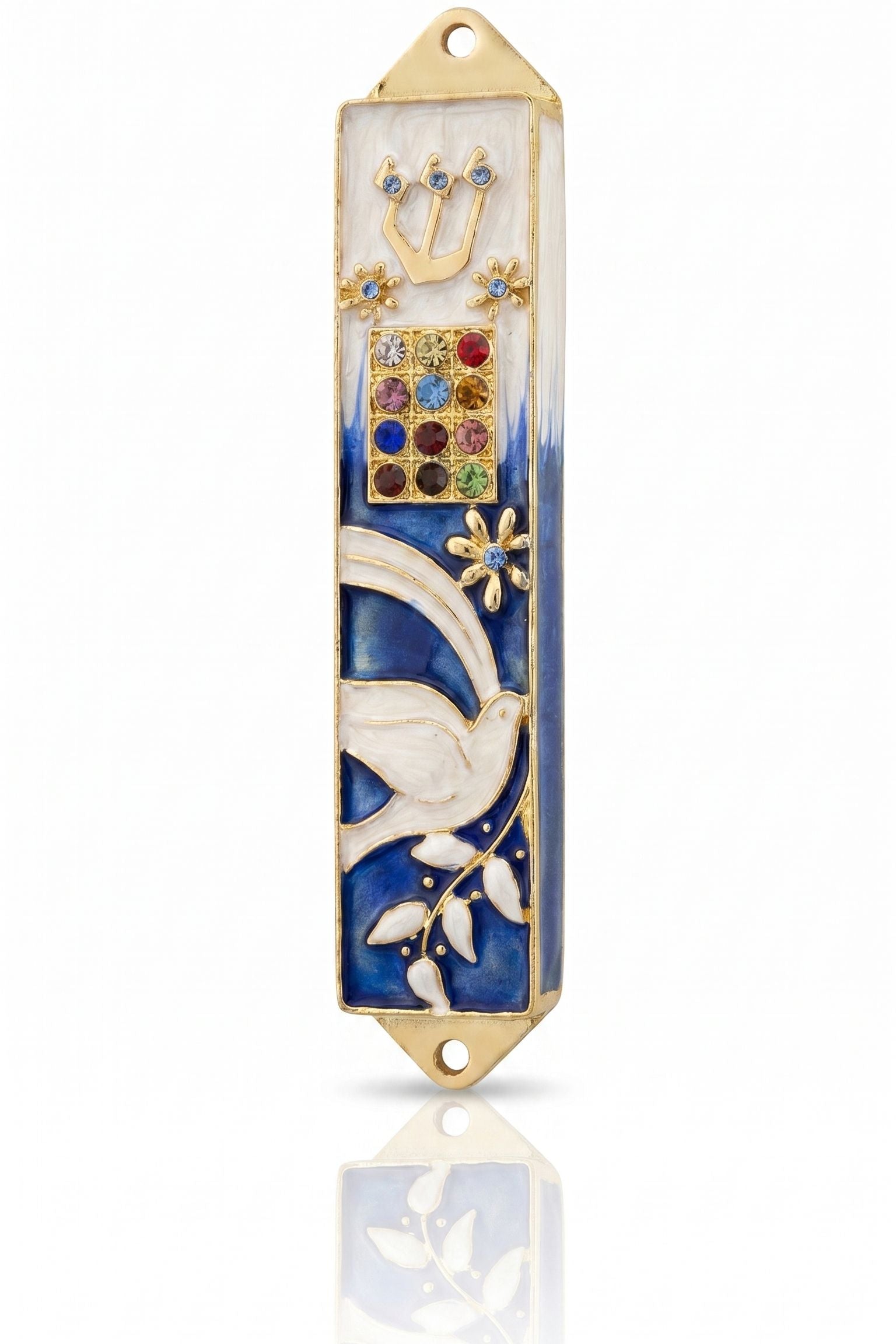 Twelve Jewels Dove Blue pewter mezuzah case with white dove, gold Shin, jeweled Choshen-style panel, flowers, and blue enamel