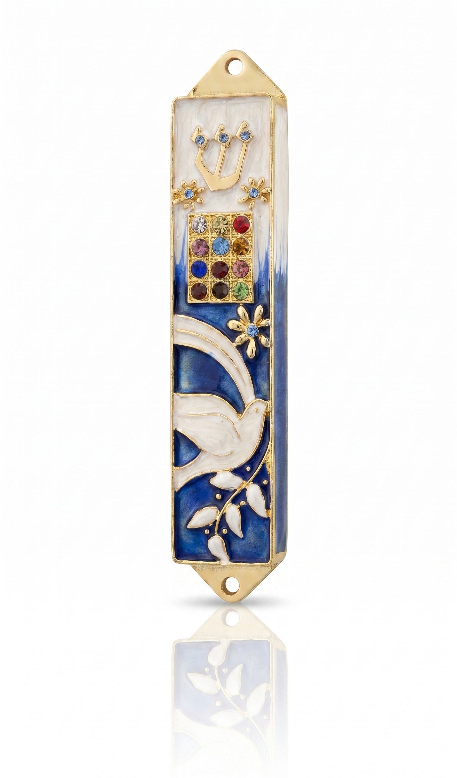 Twelve Jewels Dove Blue pewter mezuzah case with white dove, gold Shin, jeweled Choshen-style panel, flowers, and blue enamel