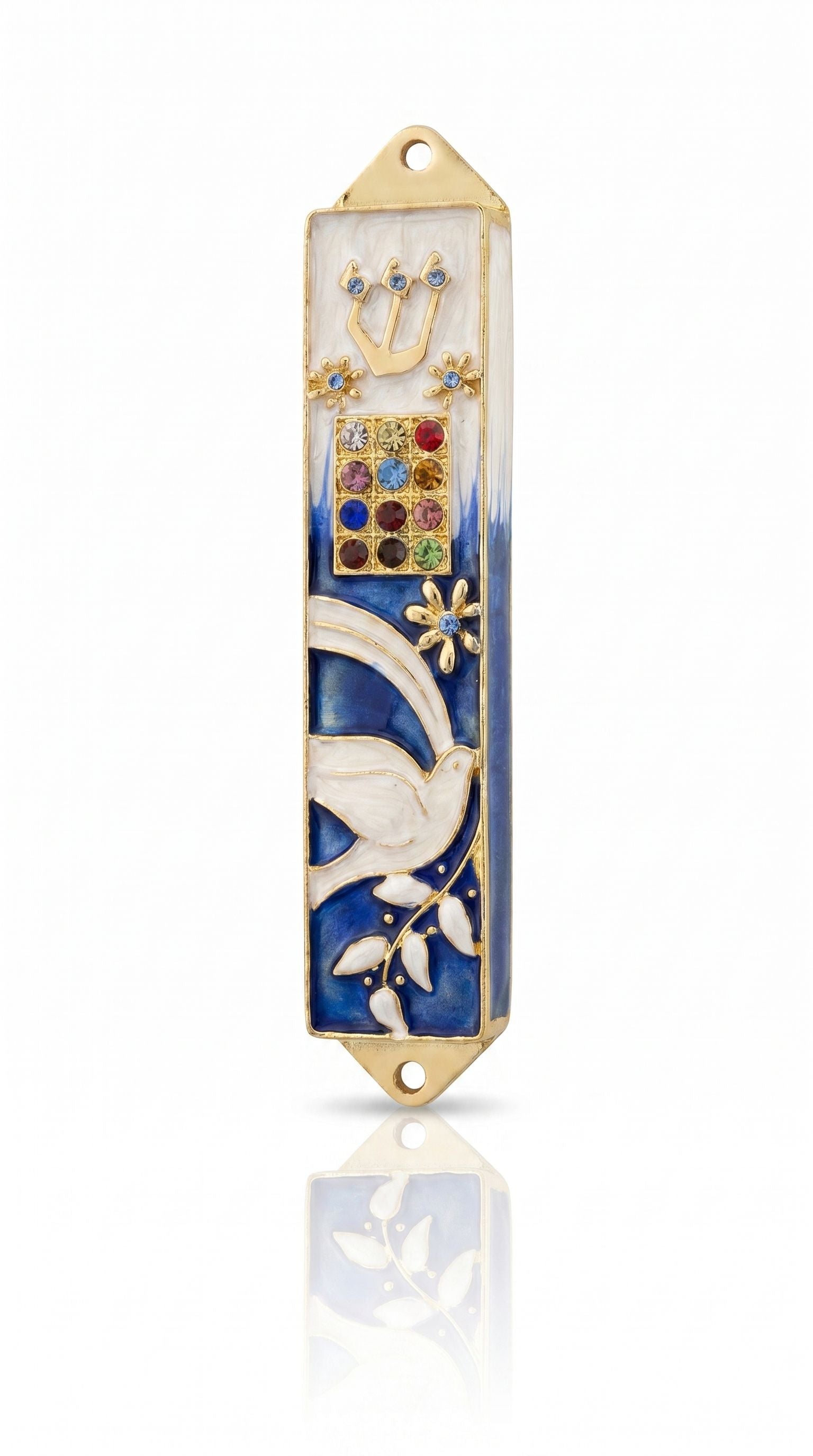 Twelve Jewels Dove Blue pewter mezuzah case with white dove, gold Shin, jeweled Choshen-style panel, flowers, and blue enamel