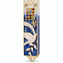 Twelve Jewels Dove Blue pewter mezuzah case with white dove, gold Shin, jeweled Choshen-style panel, flowers, and blue enamel