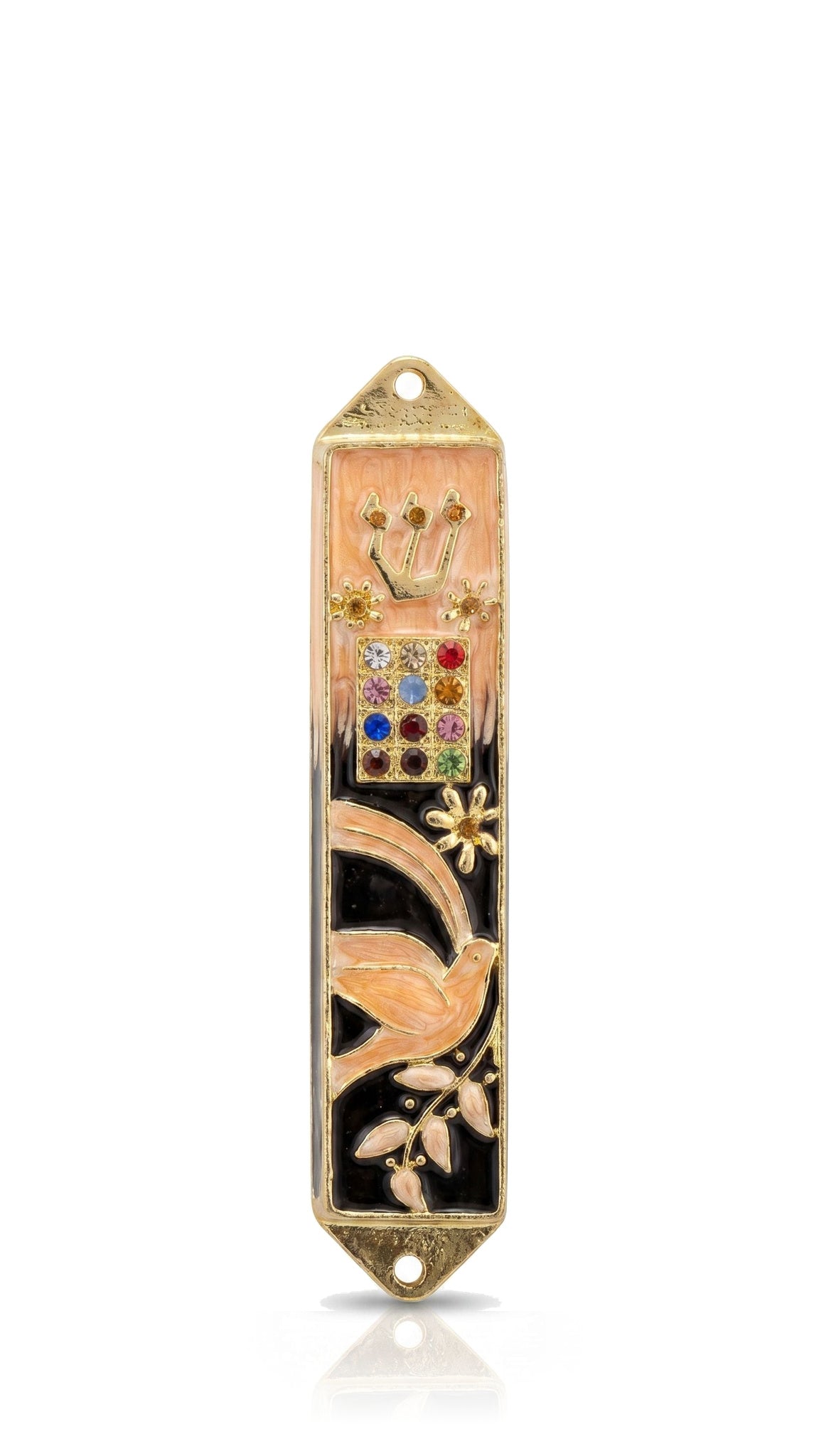 Twelve Jewels Dove Peach pewter mezuzah cover with a peach-colored dove and upper panel over a dark lower field, framed by gold-colored leaves, a Hebrew Shin and a multicolored twelve-jewel motif inspired by the Choshen