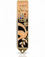 Twelve Jewels Dove Peach pewter mezuzah case with gold Shin, jeweled Choshen-style panel, dove, flowers, and peach enamel