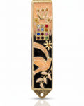 Twelve Jewels Dove Peach pewter mezuzah case with gold Shin, jeweled Choshen-style panel, dove, flowers, and peach enamel