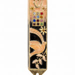 Twelve Jewels Dove Peach pewter mezuzah case with gold Shin, jeweled Choshen-style panel, dove, flowers, and peach enamel