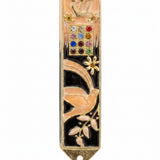 Twelve Jewels Dove Peach pewter mezuzah case with gold Shin, jeweled Choshen-style panel, dove, flowers, and peach enamel