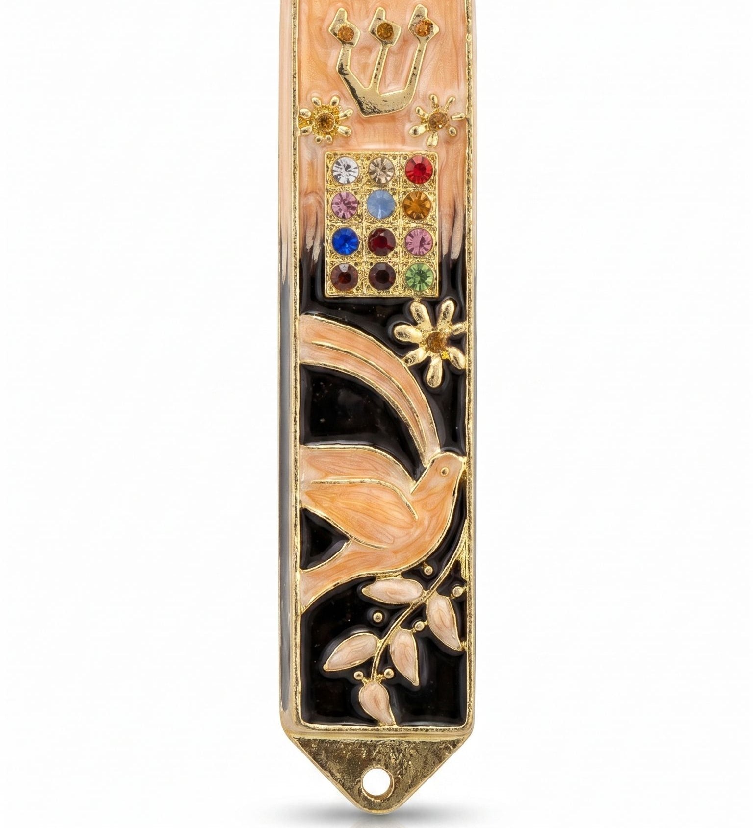 Twelve Jewels Dove Peach pewter mezuzah case with gold Shin, jeweled Choshen-style panel, dove, flowers, and peach enamel