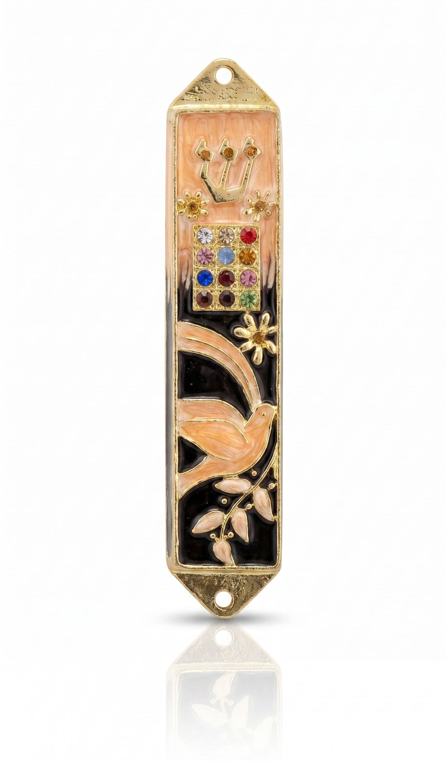 Twelve Jewels Dove Peach pewter mezuzah case with gold Shin, jeweled Choshen-style panel, dove, flowers, and peach enamel