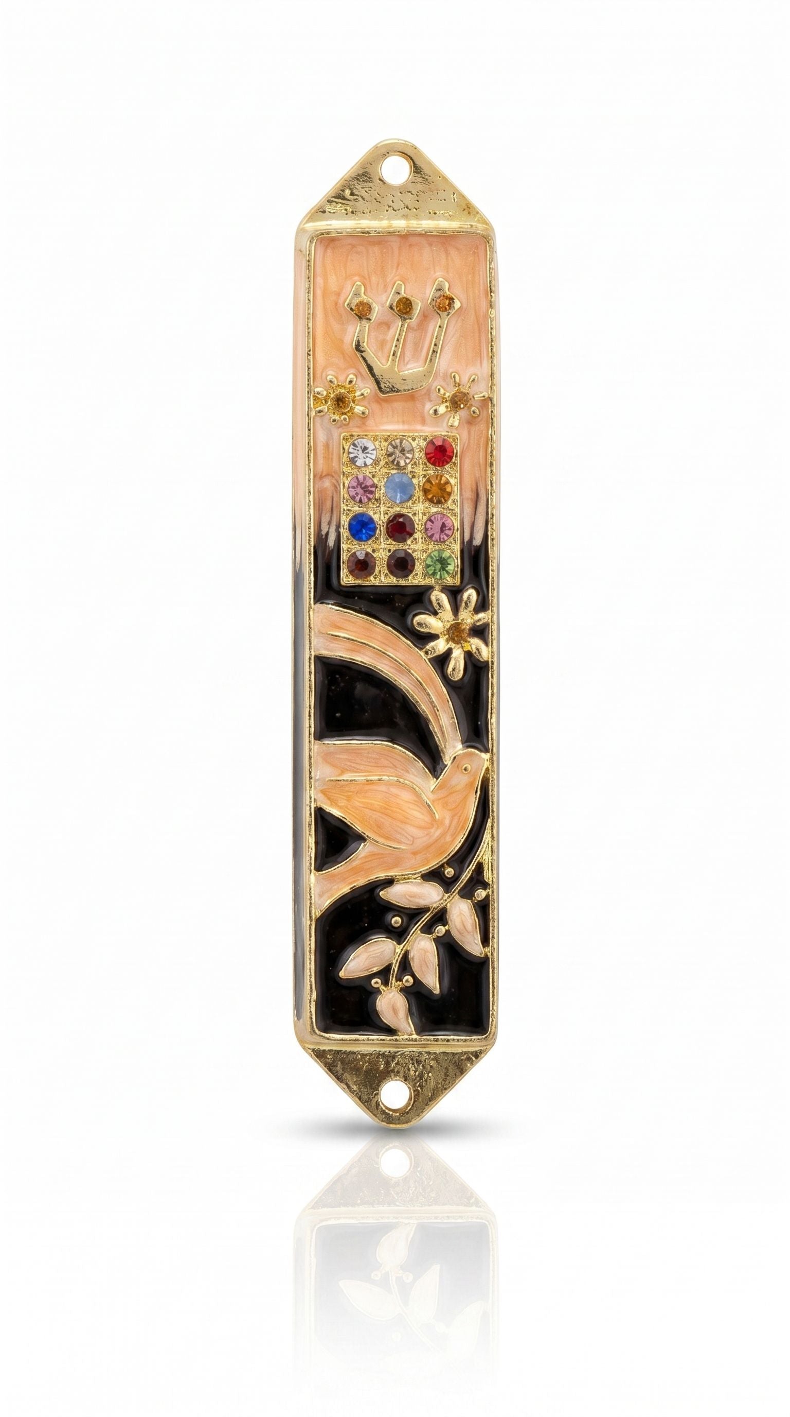 Twelve Jewels Dove Peach pewter mezuzah case with gold Shin, jeweled Choshen-style panel, dove, flowers, and peach enamel