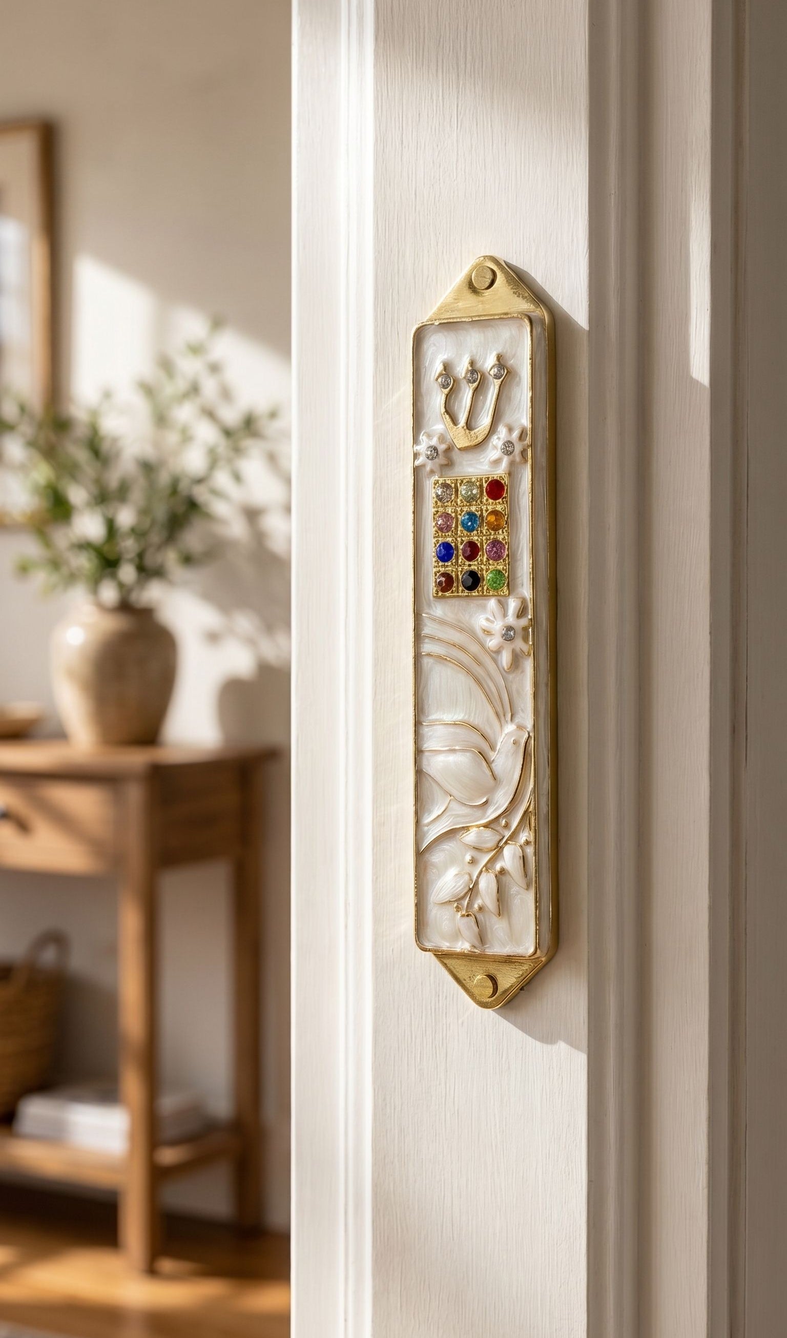 Twelve Jewels Dove Pearl pewter mezuzah case with gold Shin, jeweled Choshen-style panel, white dove, flowers, and pearl enamel, mounted on a door frame in a modern interior design style.