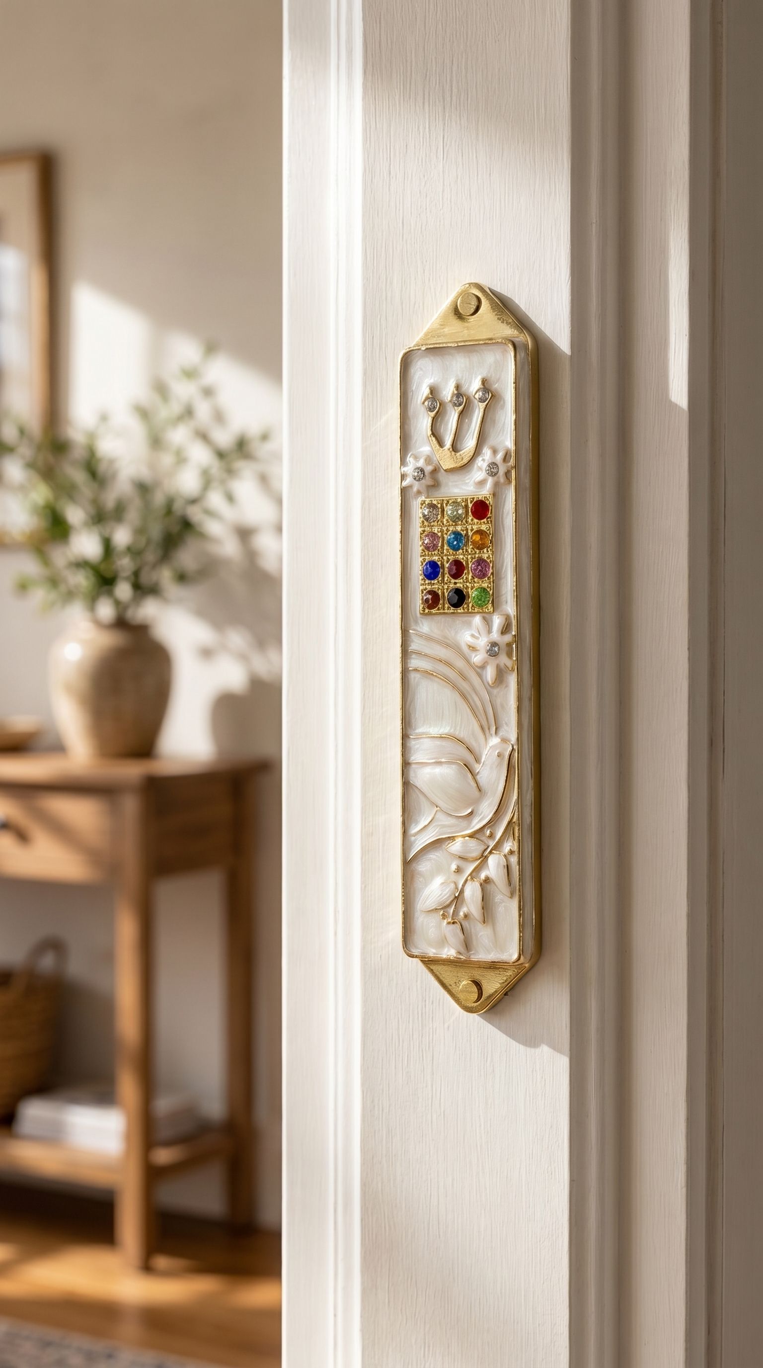 Twelve Jewels Dove Pearl pewter mezuzah case with gold Shin, jeweled Choshen-style panel, white dove, flowers, and pearl enamel, mounted on a door frame in a modern interior design style.