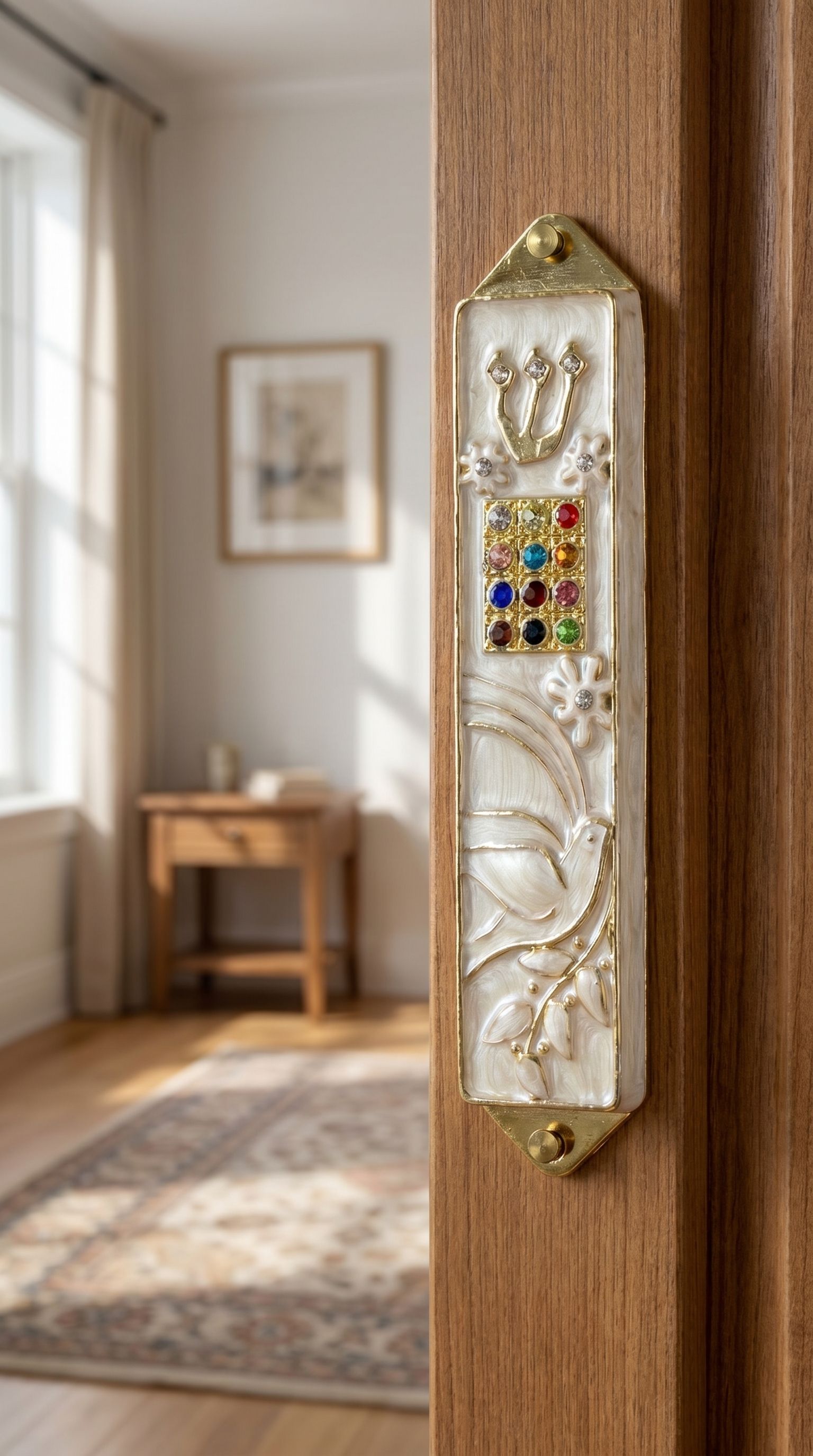 Twelve Jewels Dove Pearl pewter mezuzah case with gold Shin, jeweled Choshen-style panel, white dove, flowers, and pearl enamel ona doorframe in a home