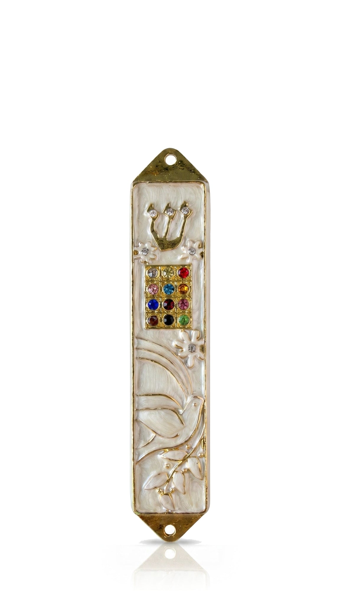Twelve Jewels Dove Pearl pewter mezuzah cover with a softly luminous pearl-colored face, a pale dove and gold-colored branches, finished with a Hebrew Shin and twelve colorful jewel-style accents for a graceful traditional Judaica doorway detail