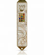 Twelve Jewels Dove Pearl pewter mezuzah case with gold Shin, jeweled Choshen-style panel, white dove, flowers, and pearl enamel