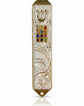 Twelve Jewels Dove Pearl pewter mezuzah case with gold Shin, jeweled Choshen-style panel, white dove, flowers, and pearl enamel