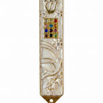 Twelve Jewels Dove Pearl pewter mezuzah case with gold Shin, jeweled Choshen-style panel, white dove, flowers, and pearl enamel