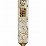 Twelve Jewels Dove Pearl pewter mezuzah case with gold Shin, jeweled Choshen-style panel, white dove, flowers, and pearl enamel