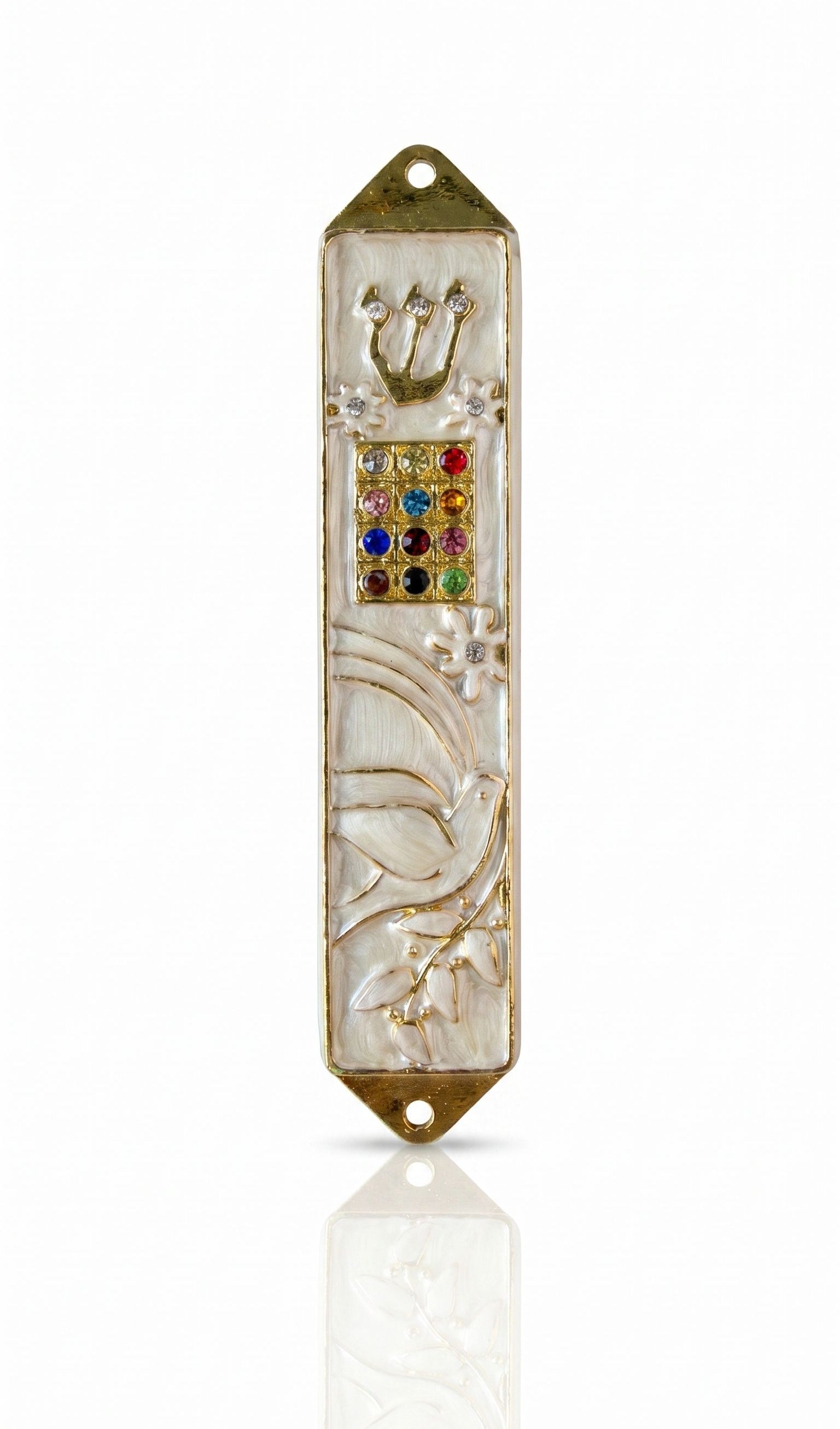 Twelve Jewels Dove Pearl pewter mezuzah case with gold Shin, jeweled Choshen-style panel, white dove, flowers, and pearl enamel