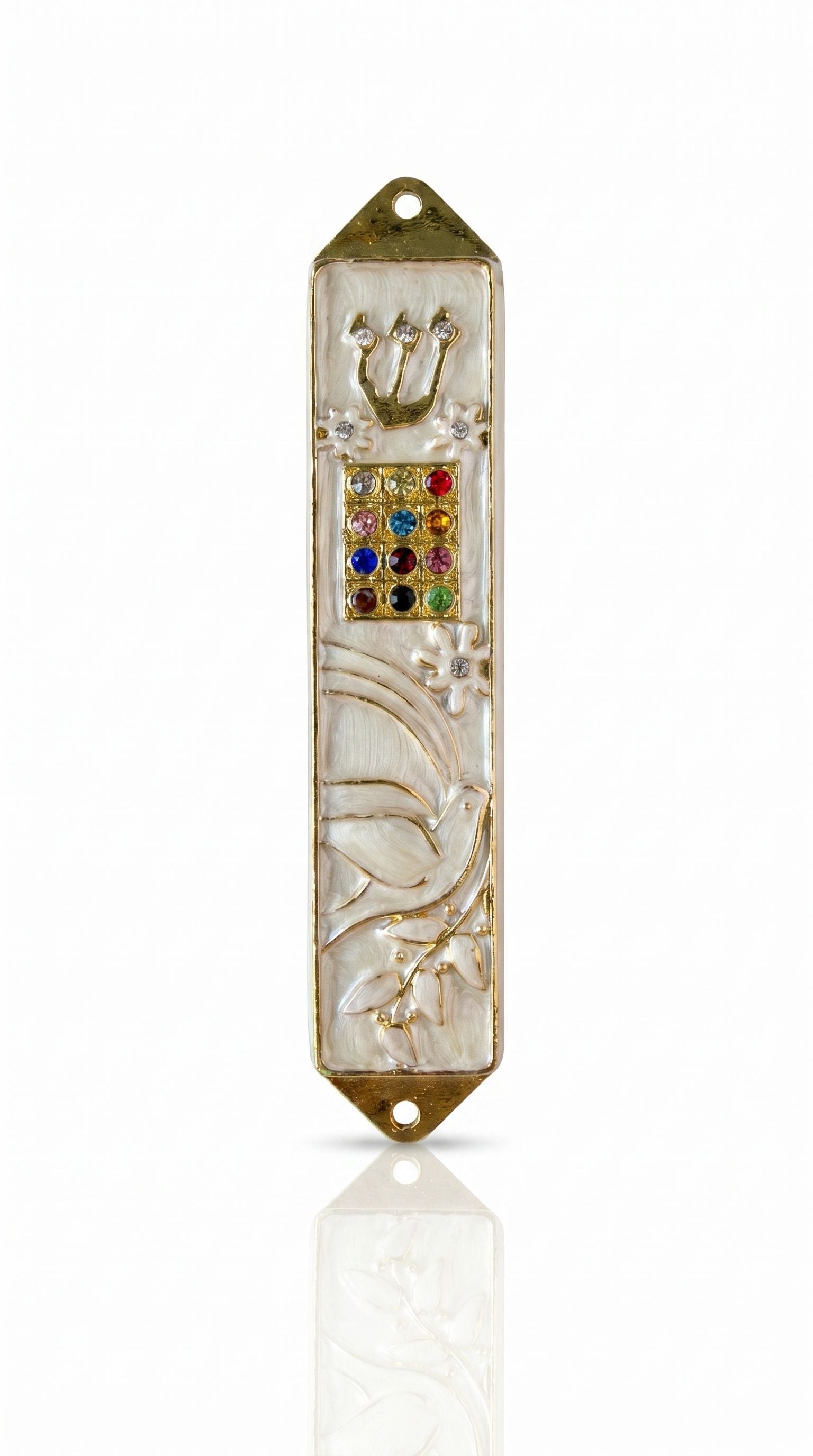 Twelve Jewels Dove Pearl pewter mezuzah case with gold Shin, jeweled Choshen-style panel, white dove, flowers, and pearl enamel