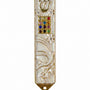 Twelve Jewels Dove Pearl pewter mezuzah case with gold Shin, jeweled Choshen-style panel, white dove, flowers, and pearl enamel