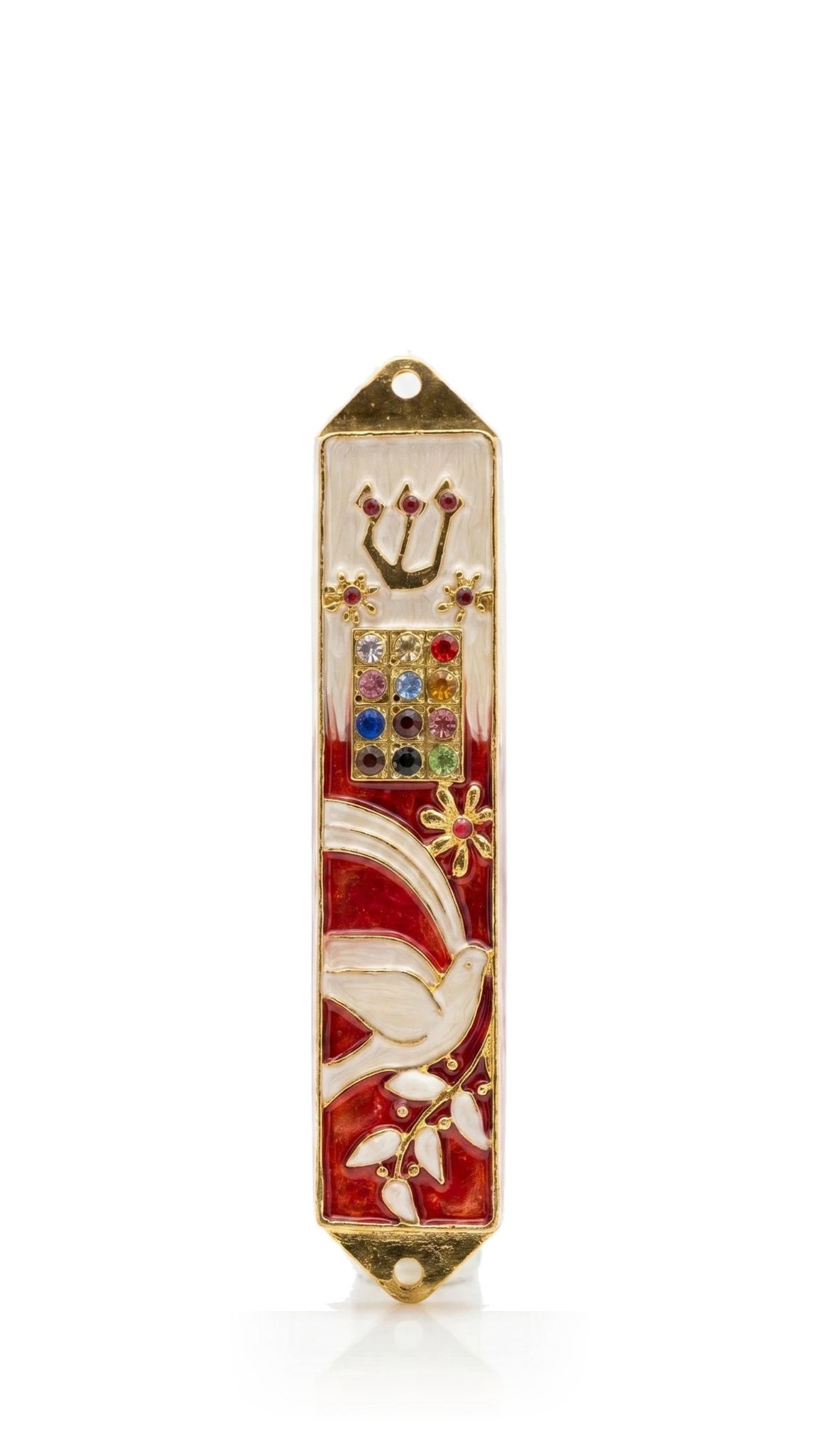 Twelve Jewels Dove Red pewter mezuzah cover with rich red enamel behind a pearl-white dove, gold-colored floral trim and a Hebrew Shin, with a multicolored twelve-jewel panel adding bright symbolic detail to this Jewish doorway design