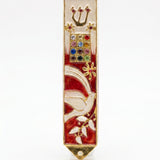 Twelve Jewels Dove Red pewter mezuzah case with red enamel, white dove, gold Shin, jeweled Choshen-style panel, and flowers