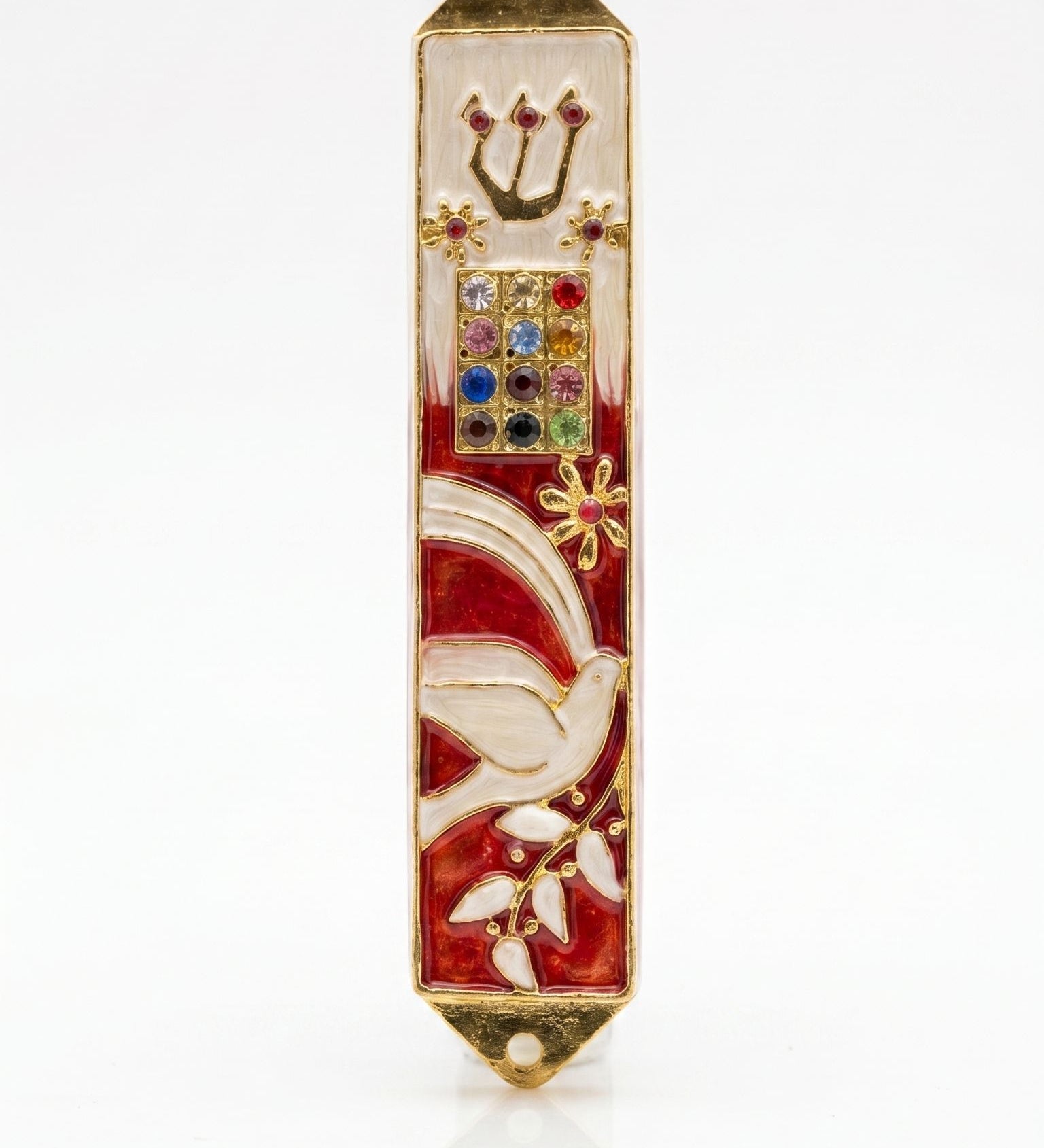 Twelve Jewels Dove Red pewter mezuzah case with red enamel, white dove, gold Shin, jeweled Choshen-style panel, and flowers