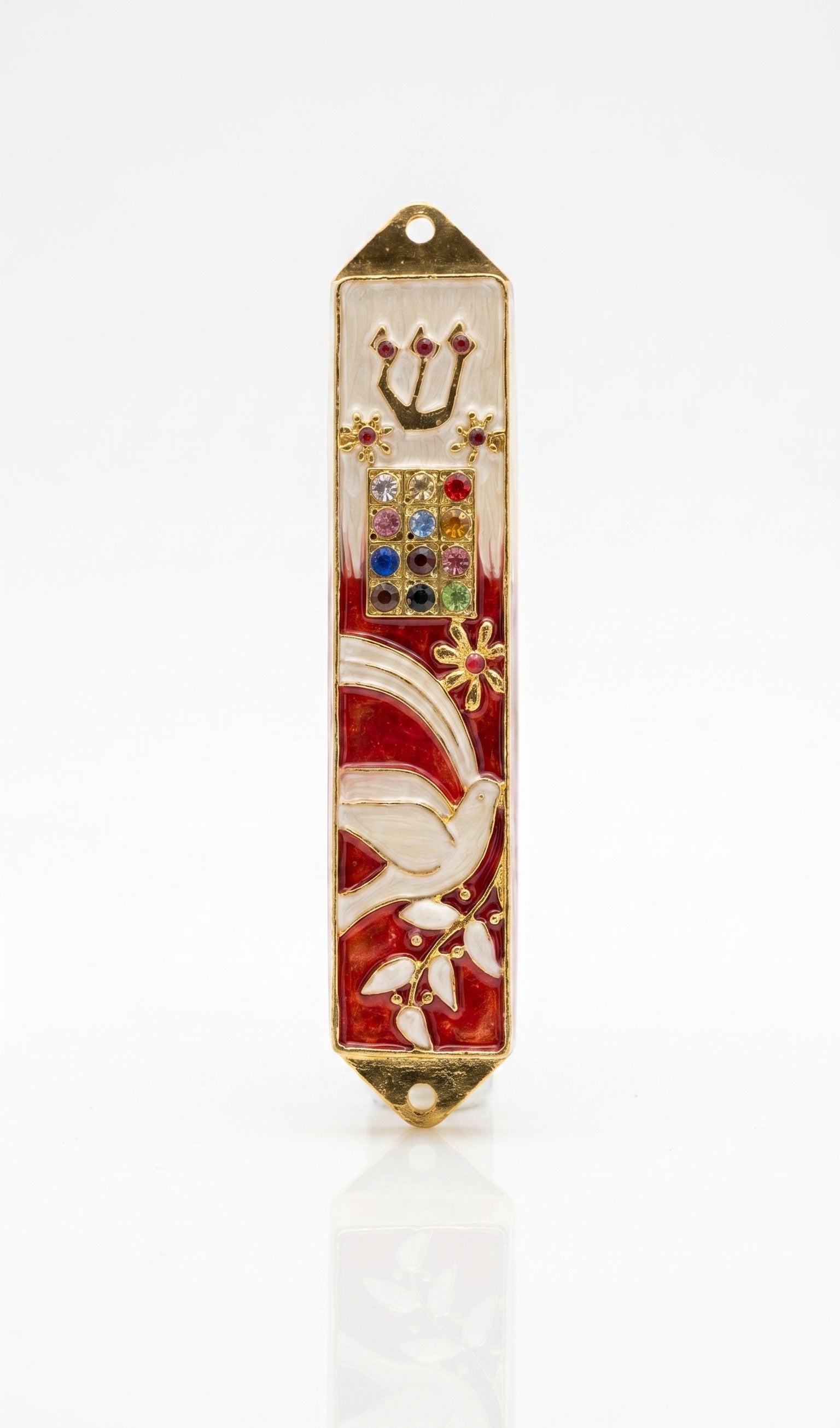 Twelve Jewels Dove Red pewter mezuzah case with red enamel, white dove, gold Shin, jeweled Choshen-style panel, and flowers
