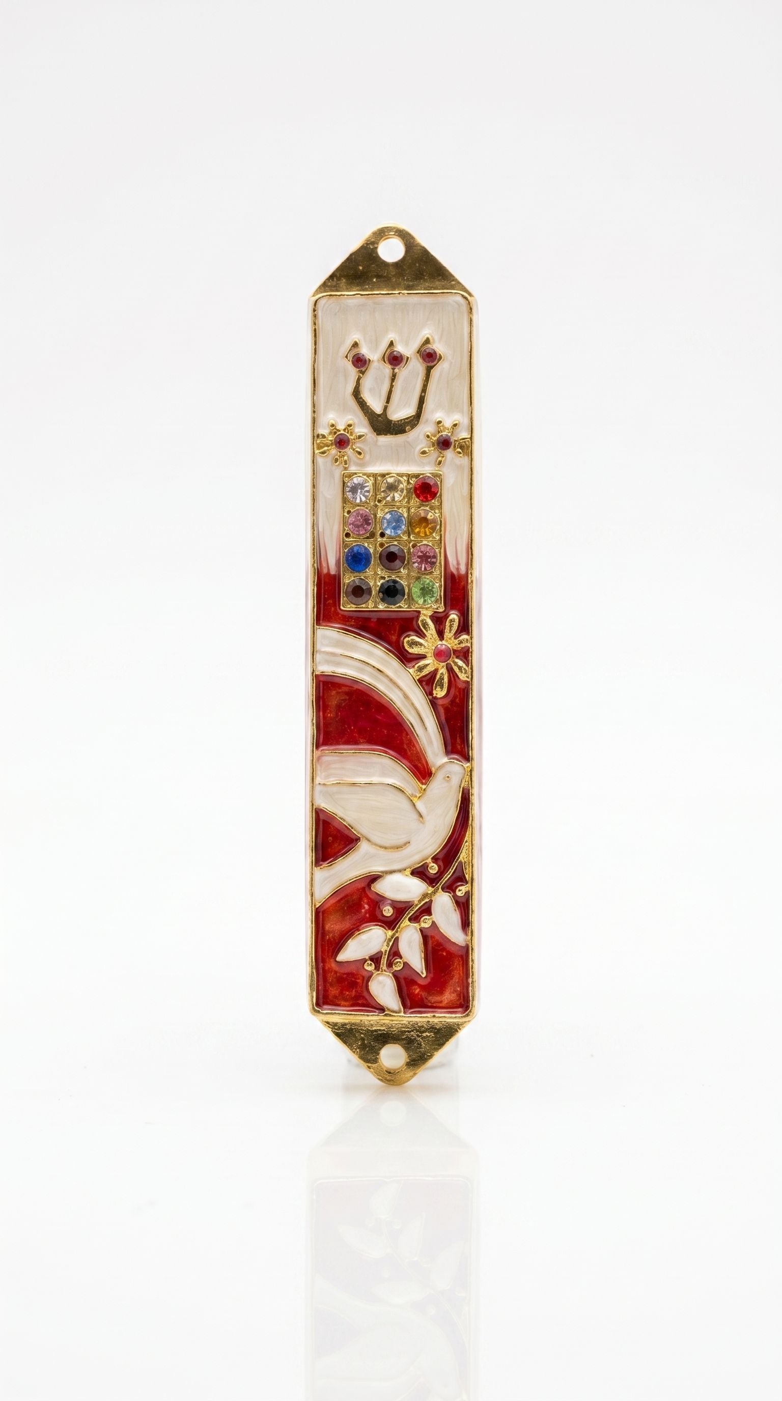 Twelve Jewels Dove Red pewter mezuzah case with red enamel, white dove, gold Shin, jeweled Choshen-style panel, and flowers