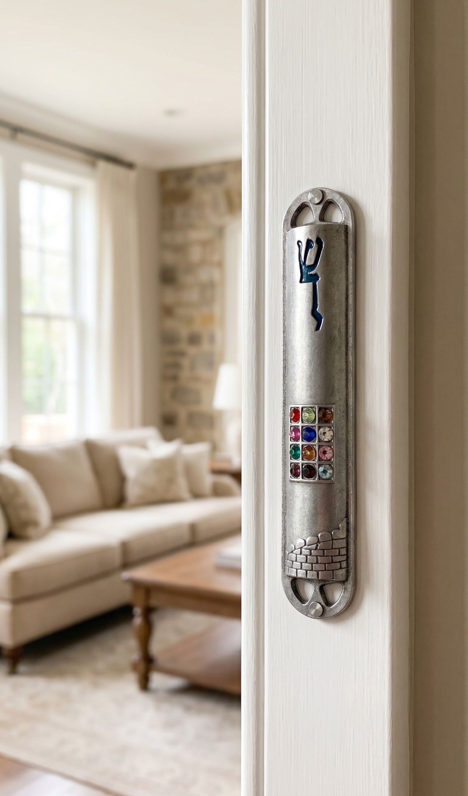 Decorative Twelve Stones Jerusalem Pewter Mezuzah mounted on interior doorway, showcasing multicolored stones and Jerusalem motif in a traditional Jewish setting.