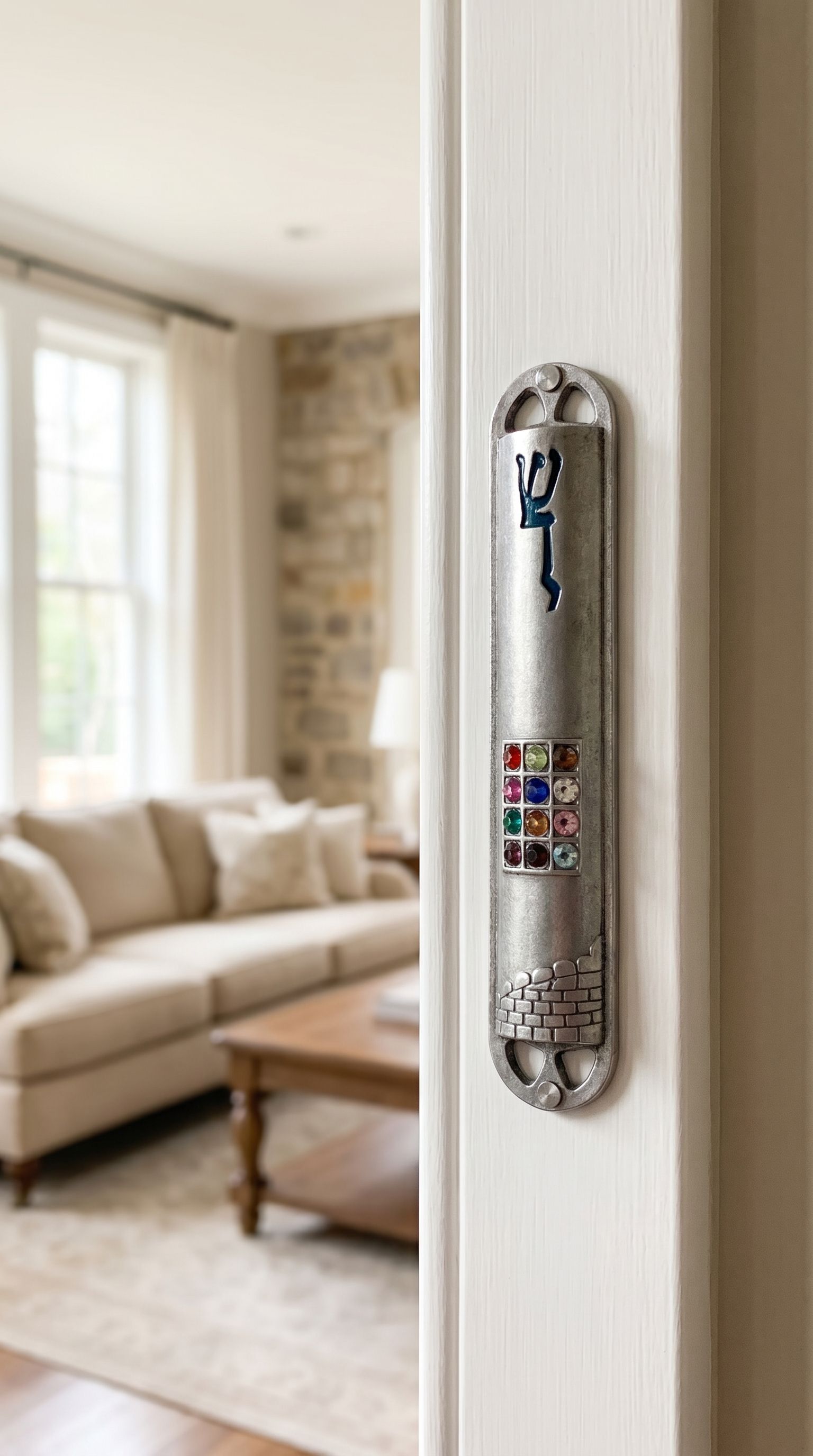 Decorative Twelve Stones Jerusalem Pewter Mezuzah mounted on interior doorway, showcasing multicolored stones and Jerusalem motif in a traditional Jewish setting.