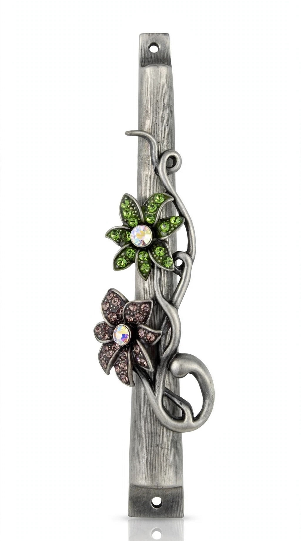 Twilight Blossom Pewter Mezuzah shown from the front as a mezuzah cover featuring green and dusky purple enamel blossoms with iridescent-looking centers, curling silver-toned vines and a narrow pewter stem, presenting a detailed Judaica design for a Jewish home doorway