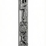Pewter mezuzah featuring two roses design, 5 inches tall, with detailed Hebrew engravings and decorative motifs, on a white studio background.