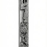 Pewter mezuzah featuring two roses design, 5 inches tall, with detailed Hebrew engravings and decorative motifs, on a white studio background.