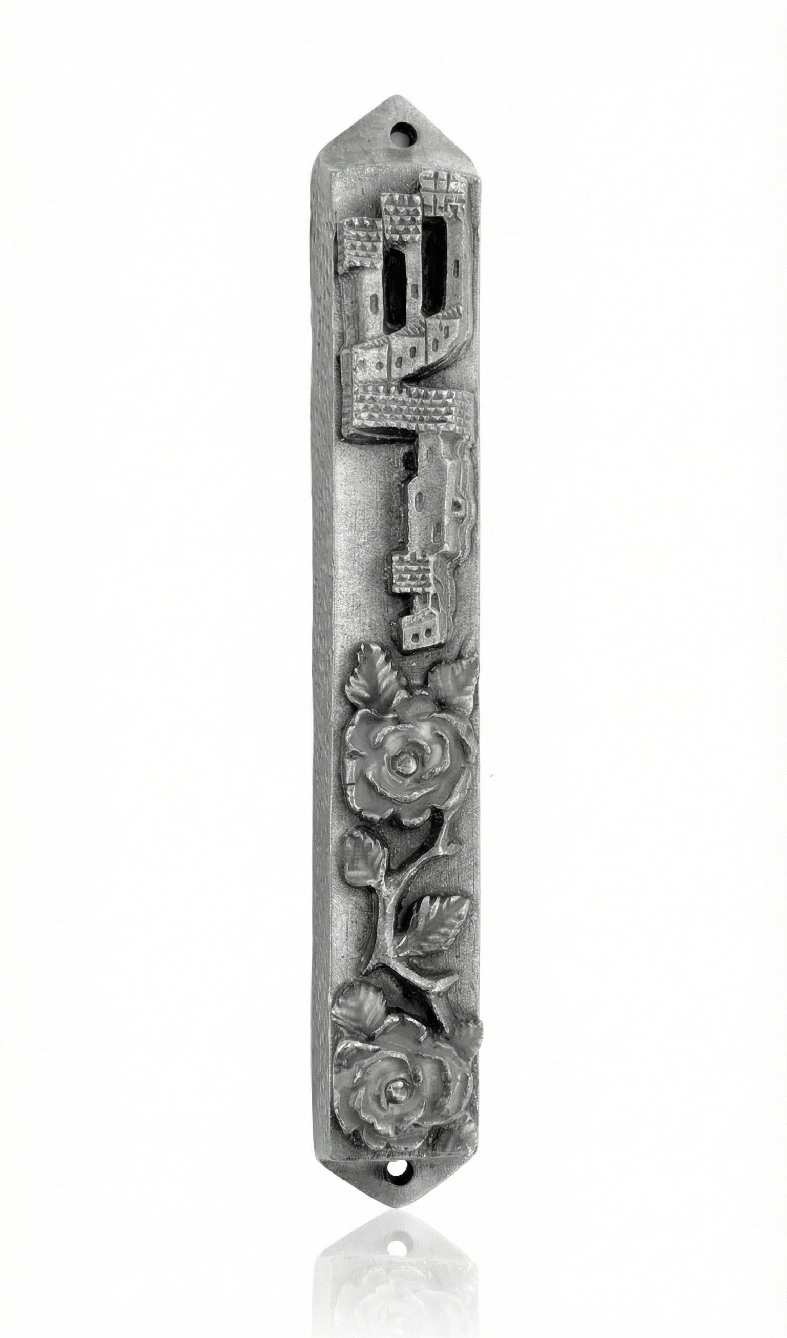 Pewter mezuzah featuring two roses design, 5 inches tall, with detailed Hebrew engravings and decorative motifs, on a white studio background.