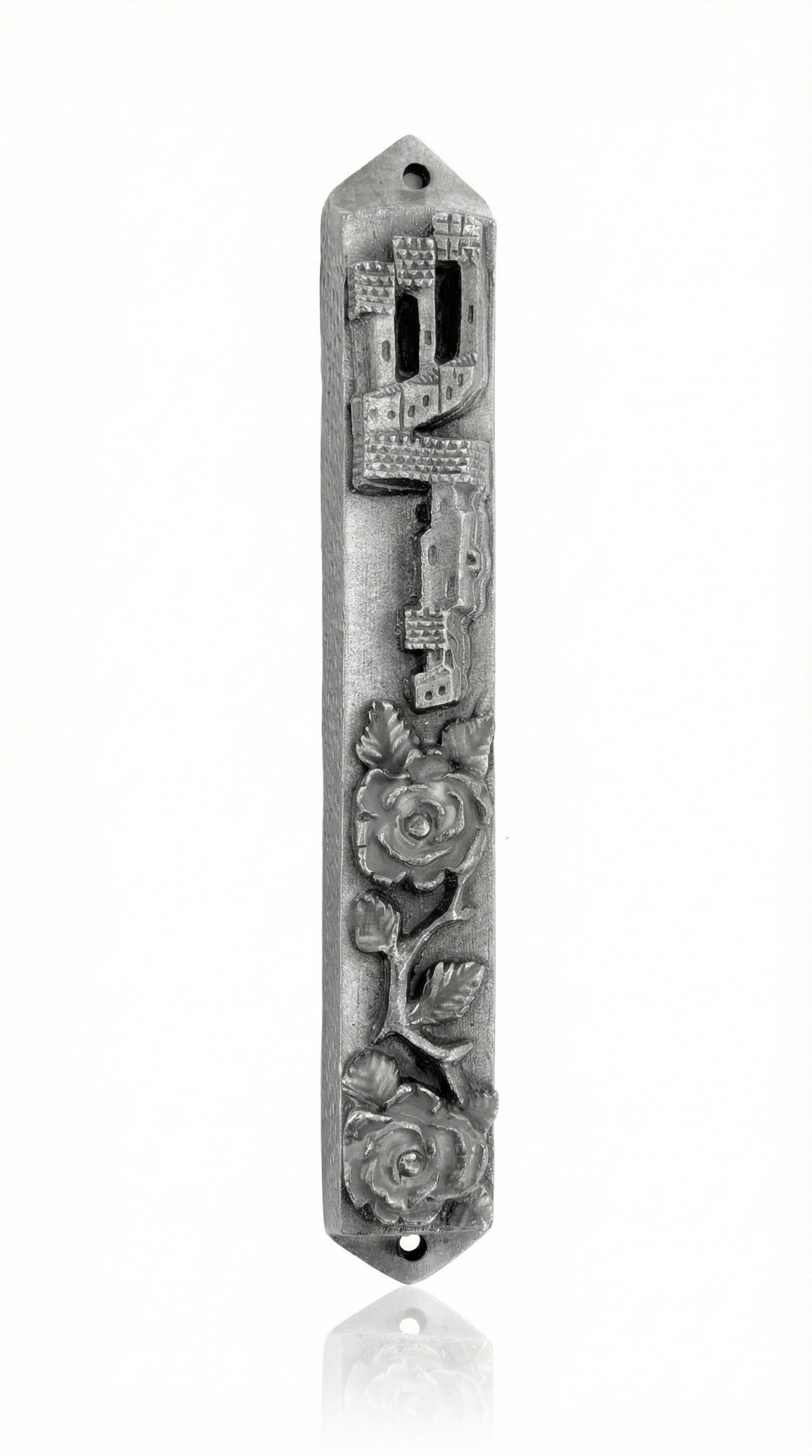 Pewter mezuzah featuring two roses design, 5 inches tall, with detailed Hebrew engravings and decorative motifs, on a white studio background.