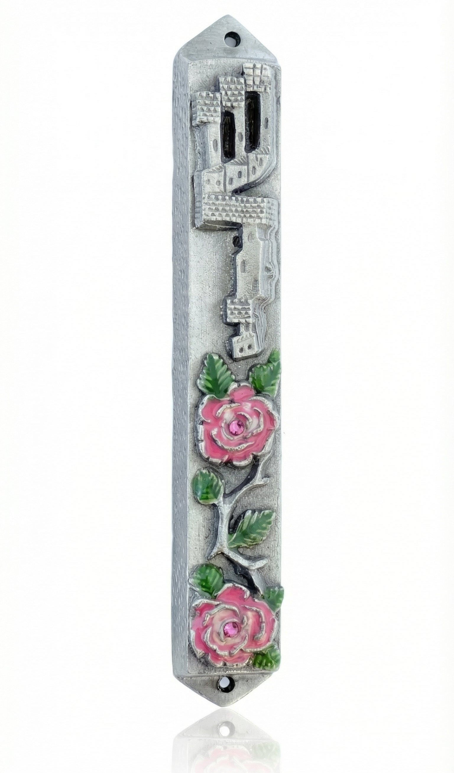 Made in USA pewter mezuzah with two roses design, measuring 5 inches tall, suitable for home doorways with clear engraved details and decorative motifs.