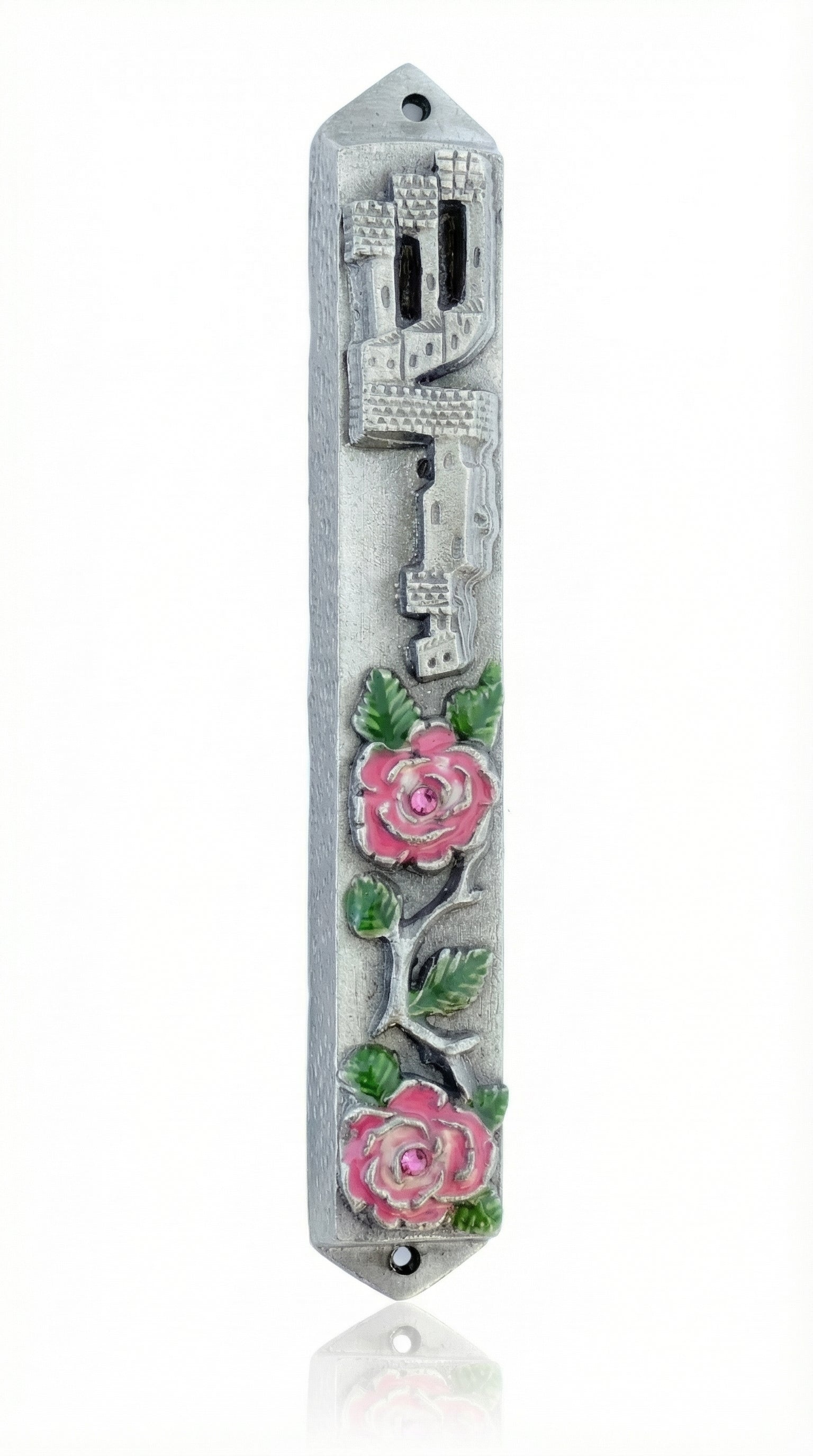 Made in USA pewter mezuzah with two roses design, measuring 5 inches tall, suitable for home doorways with clear engraved details and decorative motifs.
