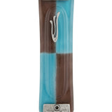 Elegant hand-painted aqua and brown glass mezuzah with silver-plated accents, displayed on a white studio background with a soft reflection.