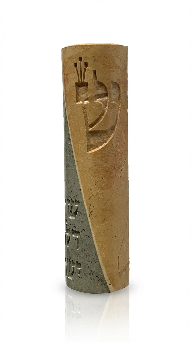 Elegant two-tone mezuzah crafted from natural Jerusalem stone with unique surface features and textured surface, mounted on a clean white background.