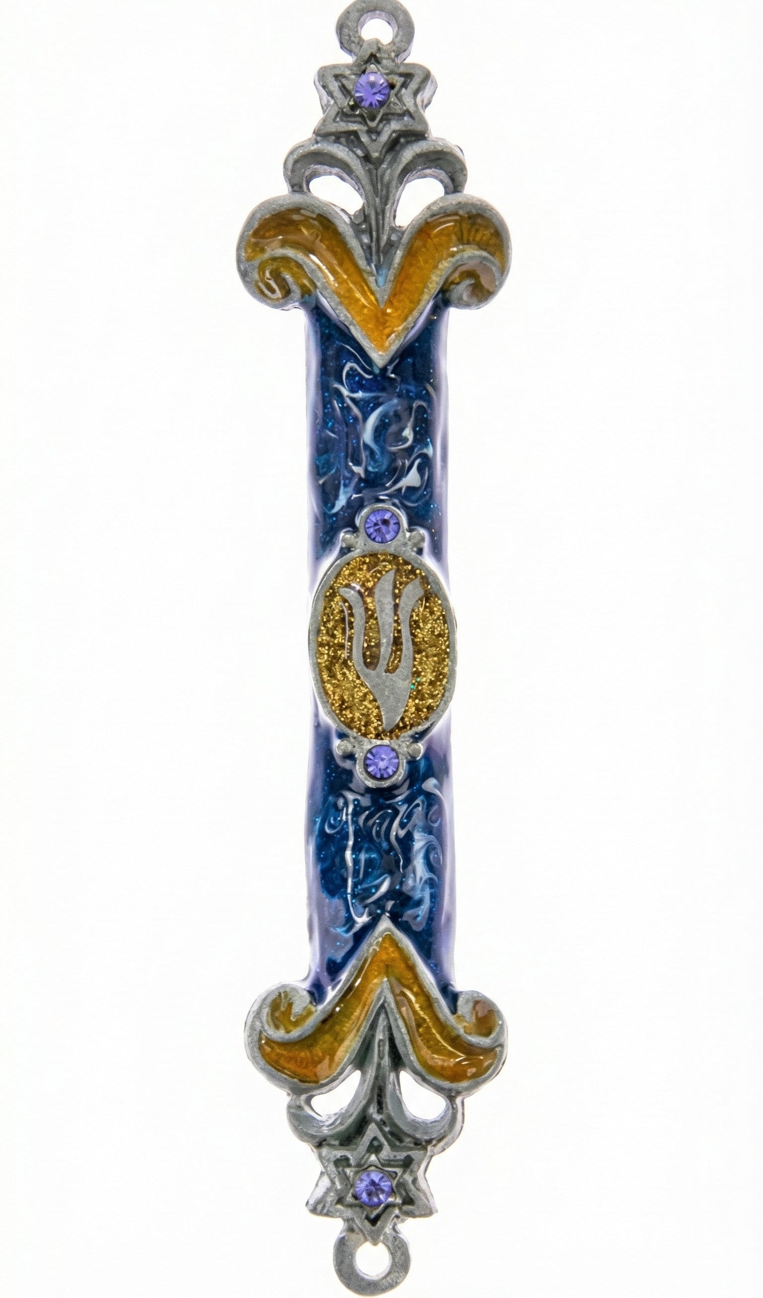 Elegant Tzfat Mezuzah with blue enamel and detailed Kabbalistic motifs, made of pewter, displayed on a white studio surface with a subtle reflection.