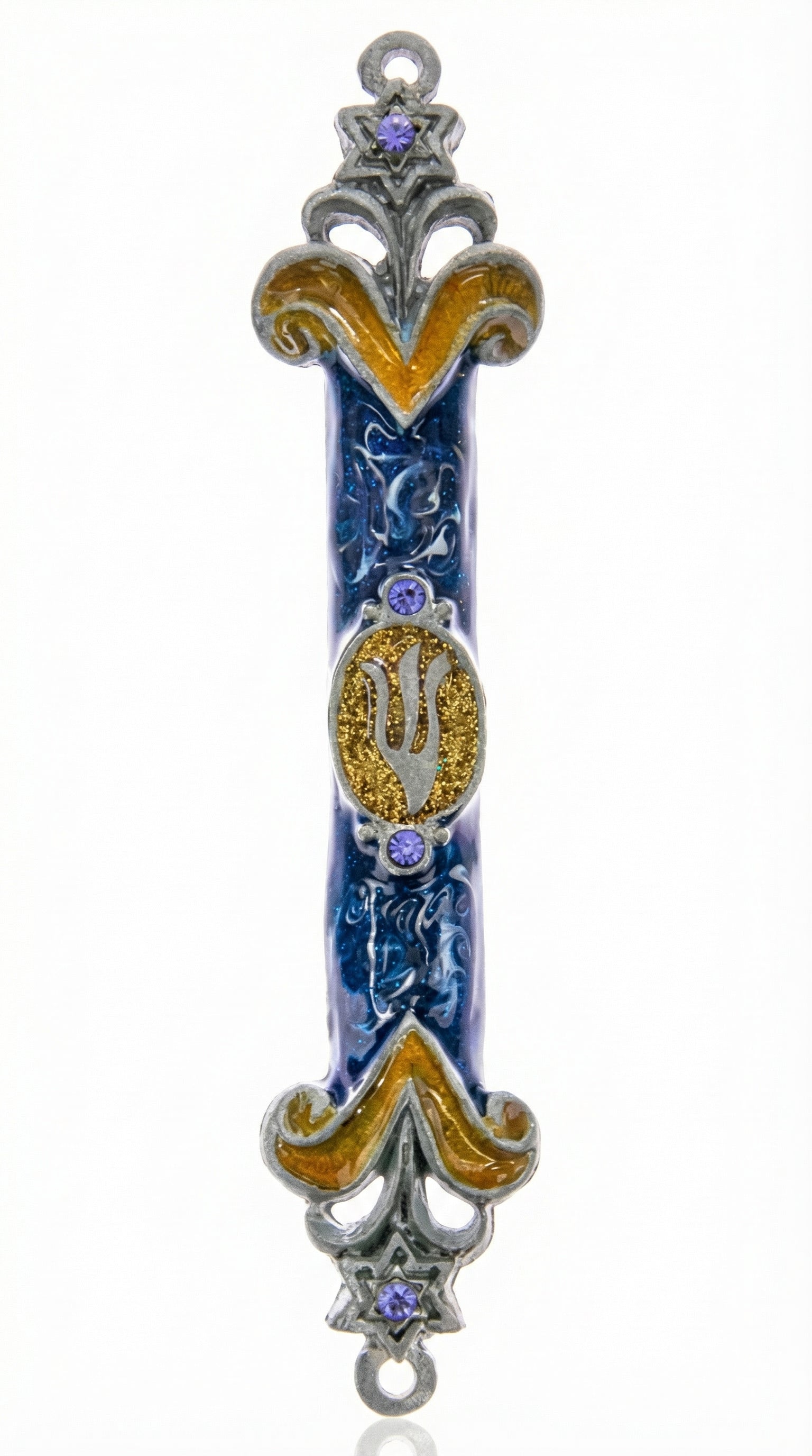 Elegant Tzfat Mezuzah with blue enamel and detailed Kabbalistic motifs, made of pewter, displayed on a white studio surface with a subtle reflection.